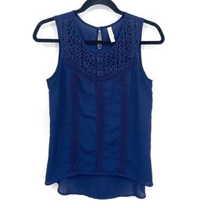 XHILARATION Navy Blue Sheer Crochet Sleeveless Keyhole High Low Tank Top Size XS